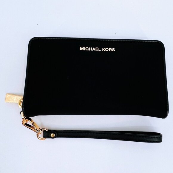 Michael Kors Jet Set Black Nylon Wristlet Phone Case Multifunction Wallet Large - Picture 1 of 13